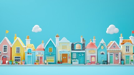Fototapeta premium Colorful townhouses, blue sky, clouds, playful illustration, ideal for children's books