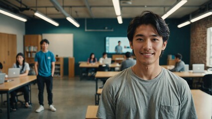 Obraz premium Happy Japanese Young Man in a Contemporary Learning Hub, Suitable for Content Related to Modern Education Trends, Student Success, and Progressive Teaching Methods