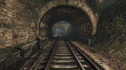 Naklejka premium Rusty railway lines in a neglected subway tunnel fade into the darkness of a far-off, shadowy space, conjuring secrecy