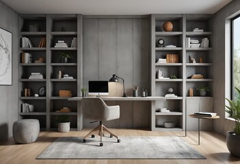 Modern Home Office with Concrete Walls and Built-in Bookcases