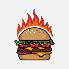 Cheeseburger with fire vector design illustration.