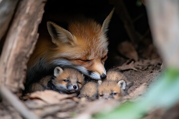 Obraz premium An enchanting scene of a mother fox nurturing her three adorable cubs, emphasizing the warmth of maternal love and family connection in a natural setting.
