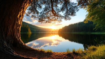 Majestic sunset over tranquil lake, giant tree roots foreground