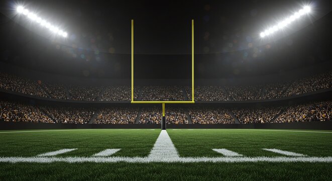 Game Night: a mesmerizing view of an american football stadium filled with spectators, illuminated by stadium lights and the glow of the field at night.