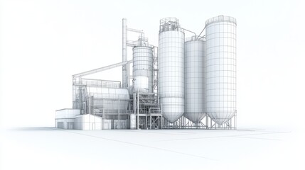 The industrial facility of today showcases expansive silos alongside a transparent structure set amidst minimalistic surroundings