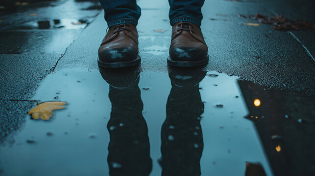 Shoes and reflection in street puddle after rain