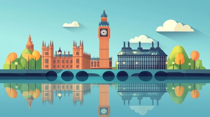 In a vibrant urban setting, an elegant bridge and historic clock tower stand out under a clear blue sky