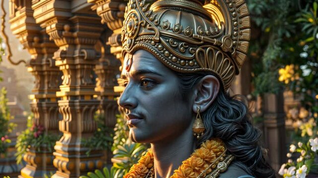 Lord Rama with blue skin and ornate golden crown holding decorated bow. Close-up portrait of Hindu deity with intricate jewelry against glowing golden background.