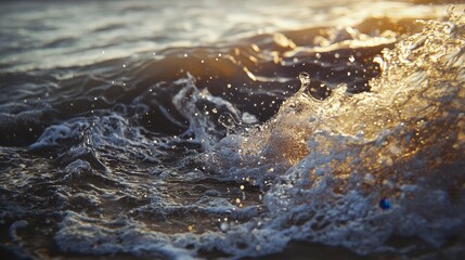 Ocean wave cresting with golden light sparkling on water droplets. Dynamic movement captures the power of nature in a close-up view.