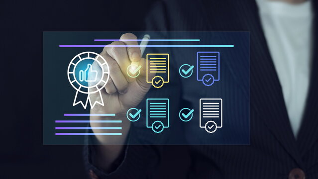 Top service and best satisfaction from customers, Certificate checklist online concept, Using businessman mark on digital check sheet, Assessment for the certificate
