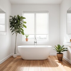 Fototapeta premium Modern Minimalist Bathroom Interior with Freestanding Tub and Plants
