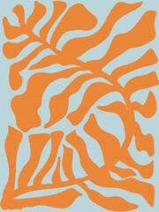 Naklejka premium Abstract organic pattern with bold orange shapes on a muted blue background. The fluid, irregular forms create a modern and artistic design, perfect for backgrounds, textiles, and contemporary digital