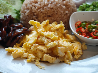fried rice with sweet pork and omlet