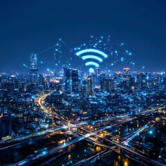 Night cityscape with glowing wifi symbol and network connections, showcasing urban digital connectivity.