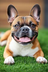 Fototapeta premium A happy French Bulldog lying on green grass with a joyful expression
