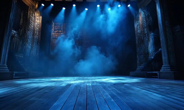 Cinematic theater stage with blue spotlights and fog, empty performance venue with wooden floorboards, dramatic stage lighting for theater or concert.