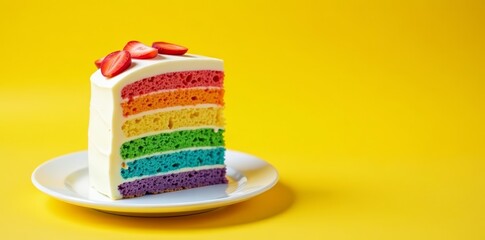 Rainbow butter cake with colorful layers on yellow background, dessert, sweet, food