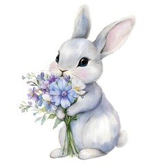 Obraz premium Cute rabbit in spring holding a bouquet of colorful flowers against a white background