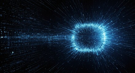 Obraz premium Digital Matrix: Abstract representation of a complex digital matrix with light trails and a central glowing square. A visualization of interconnected data and the dynamic world of technology.
