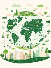 Eco-friendly Vector Set with Green Earth Cityscape, World Map, and Renewable Energy Icons on Pastel Background