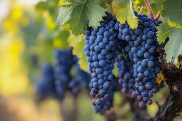 Naklejka premium Purple grapes hanging on vine in vineyard. Ideal for wine production, fruit farming, vineyard lifestyle, and fresh organic produce visuals.