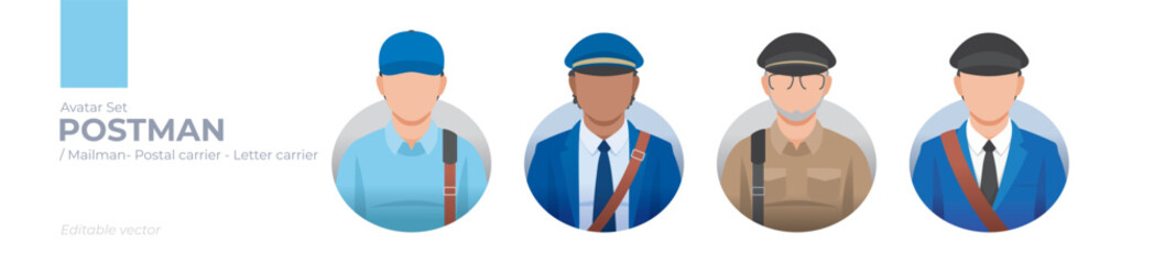 Diverse Postman Avatar Set: Editable Vector Graphics of Mail Carriers in Professional Uniforms, Delivering Parcels, Letters, and Messages - Ideal for Branding, Postal Designs, and Logistic Projects