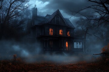 Halloween witch house in the forest with pumpkins