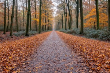 Obraz premium Colorful Autumn Trees and Leaf-Covered Path in the Forest