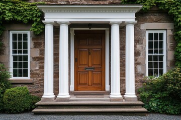 an inviting entrance to a traditional stone house, featuring a wooden door, columns, and windows, creating a welcoming atmosphere.