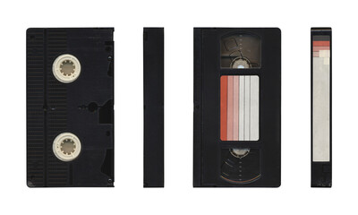 VHS videocassette in different sides without cover sleeve on transparent background