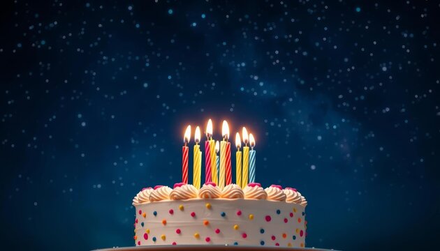 Birthday cake with candles under a night sky, stars visible, candles, sky