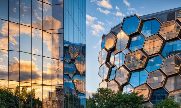 In a modern building, a hexagonal window set into the facade mirrors the sky and cityscape