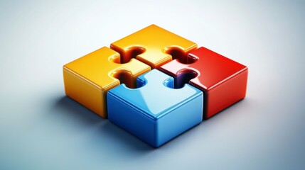 Obraz premium Four glossy puzzle pieces, red, yellow, and blue, interlock on a light gray background. The image is clean and modern.