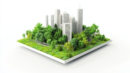 The city island, depicted in green and isolated on a white background, boasts a circular park with skyscrapers and trees