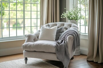 Fototapeta premium an inviting and cozy armchair with a soft blanket and pillow placed near a large window. The window offers a view of the greenery outside