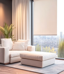 Cozy modern living room with large windows and city view in bright afternoon light