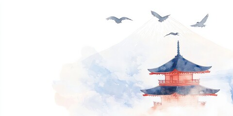 Fototapeta premium Watercolor painting depicts a pagoda with mount fuji in background