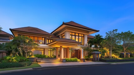 Obraz premium Modern Luxury Home Entrance with Clean Lines, Surrounded by Greenery, Under a Clear Blue Sky, Minimalistic and Serene Design.