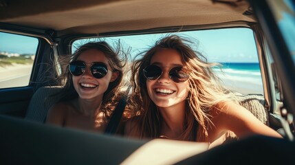 Women on vacation travel by car to the beach and enjoy their vacation together