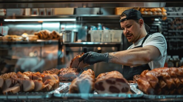 A butcher wearing a black hat and apron is carefully selecting a cut of meat from a display case full of different types of meat.