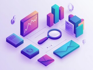 Fototapeta premium Isometric data analysis: Charts, documents, and tools arranged for strategic assessment and insights. Analyzing for growth and innovation.