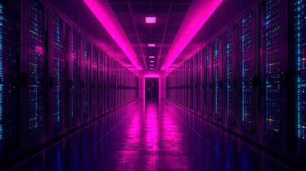 Fototapeta premium Pink and blue neon lights illuminate a long server room corridor. The sleek, dark metallic servers line both sides, reflecting the vibrant glow on the polished floor.