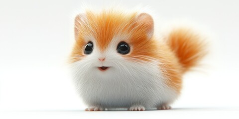 Adorable small hamster with fluffy orange and white fur playfully exploring its surroundings on a bright, neutral background