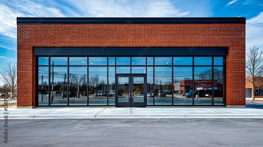 Poster showcasing a striking brick building with large glass windows, this location highlights contemporary