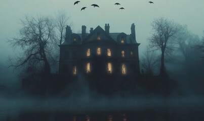 a captivating and eerie image of a spooky haunted house in a misty, foggy landscape with ominous crows flying in the sky