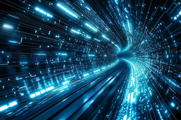Abstract blue light tunnel with glowing lines and shapes creating a futuristic atmosphere effect