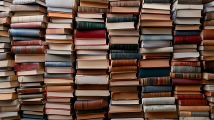 A wall of books, stacked high and neatly arranged, with a vintage, retro aesthetic. The shot is wide, symmetrical, and cinematic, filling the frame. The image has a textured, detai