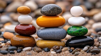 Colorful stone stacks balanced on beach sand, zen stones