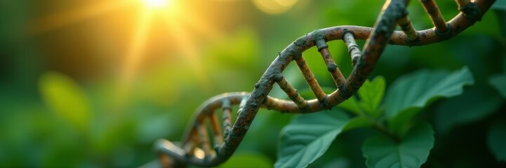 Close-up of dna helix entwined in lush plant leaves at dawn, foliage, botanical, innovation
