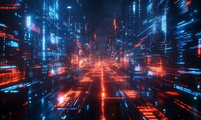 Obraz premium a futuristic cityscape, with a network of digital information running through the buildings, creating a vibrant display of data and technology